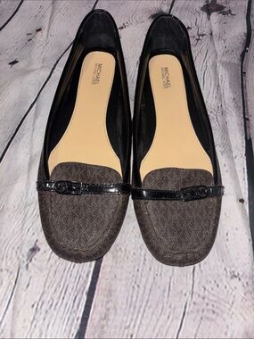 MICHAEL Michael Kors Brown and Black Logo-Print Leather-Trim Loafers